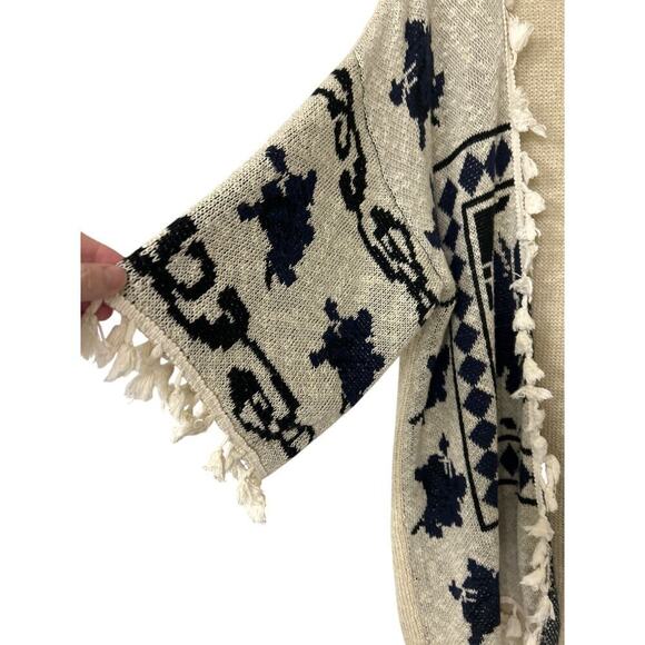 World Market Cream & Navy Blue Fringe Open Front 3/4 Sleeve Boho Cardigan O/S - Picture 6 of 11